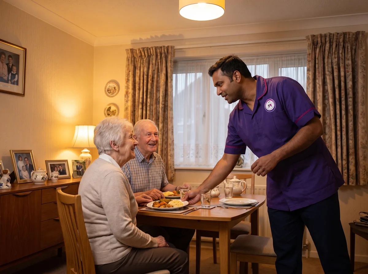 Murray Healthcare carer serving an evening meal to an older couple receiving 24 hour care at home in Leicester