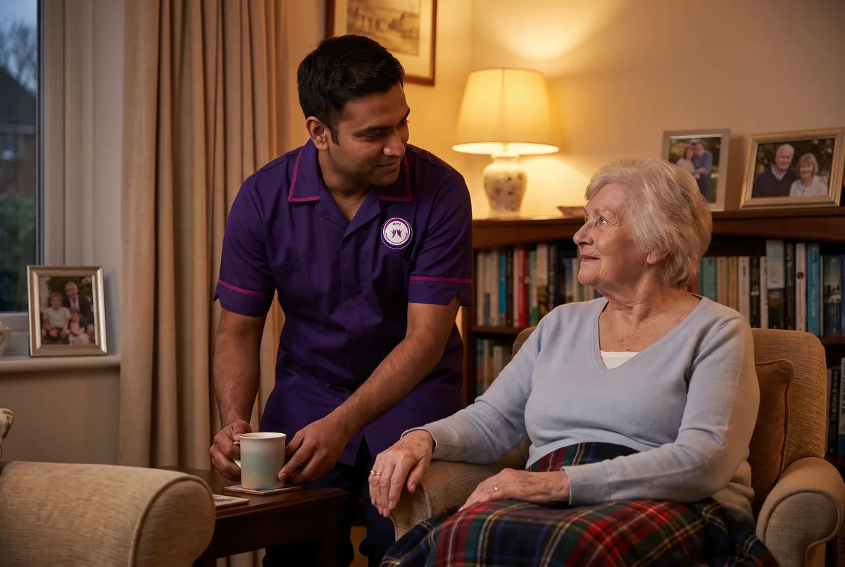 Murray Healthcare carer providing evening support to an older woman at home in Leicester