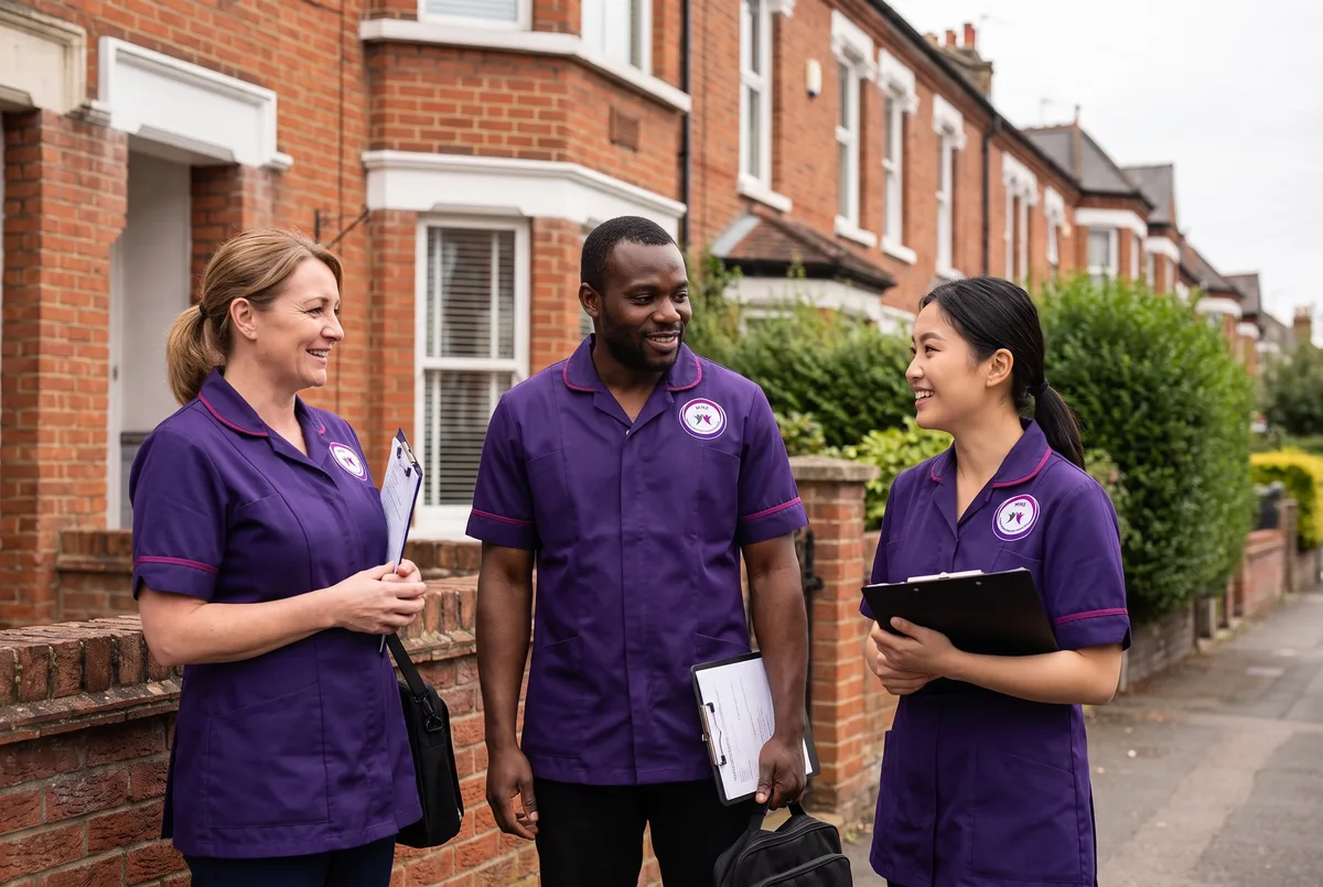 Murray Healthcare care team in uniform outside a home in Leicester before starting their visits
