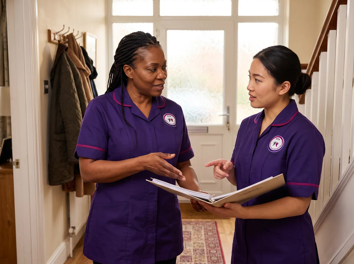 Senior carer supporting a new team member during shadowing at Murray Healthcare in Leicester