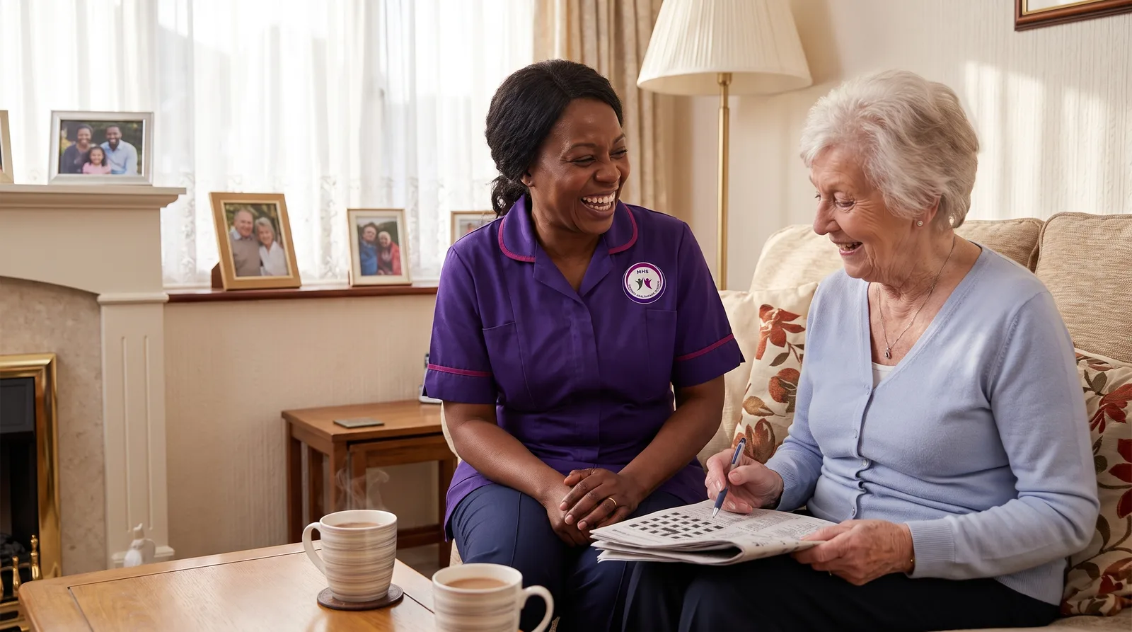 Murray Healthcare carer doing the crossword with an older woman during a companionship visit in Leicester
