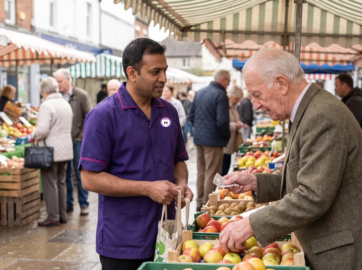 Murray Healthcare carer at the market with an older man during a companionship visit in Leicester