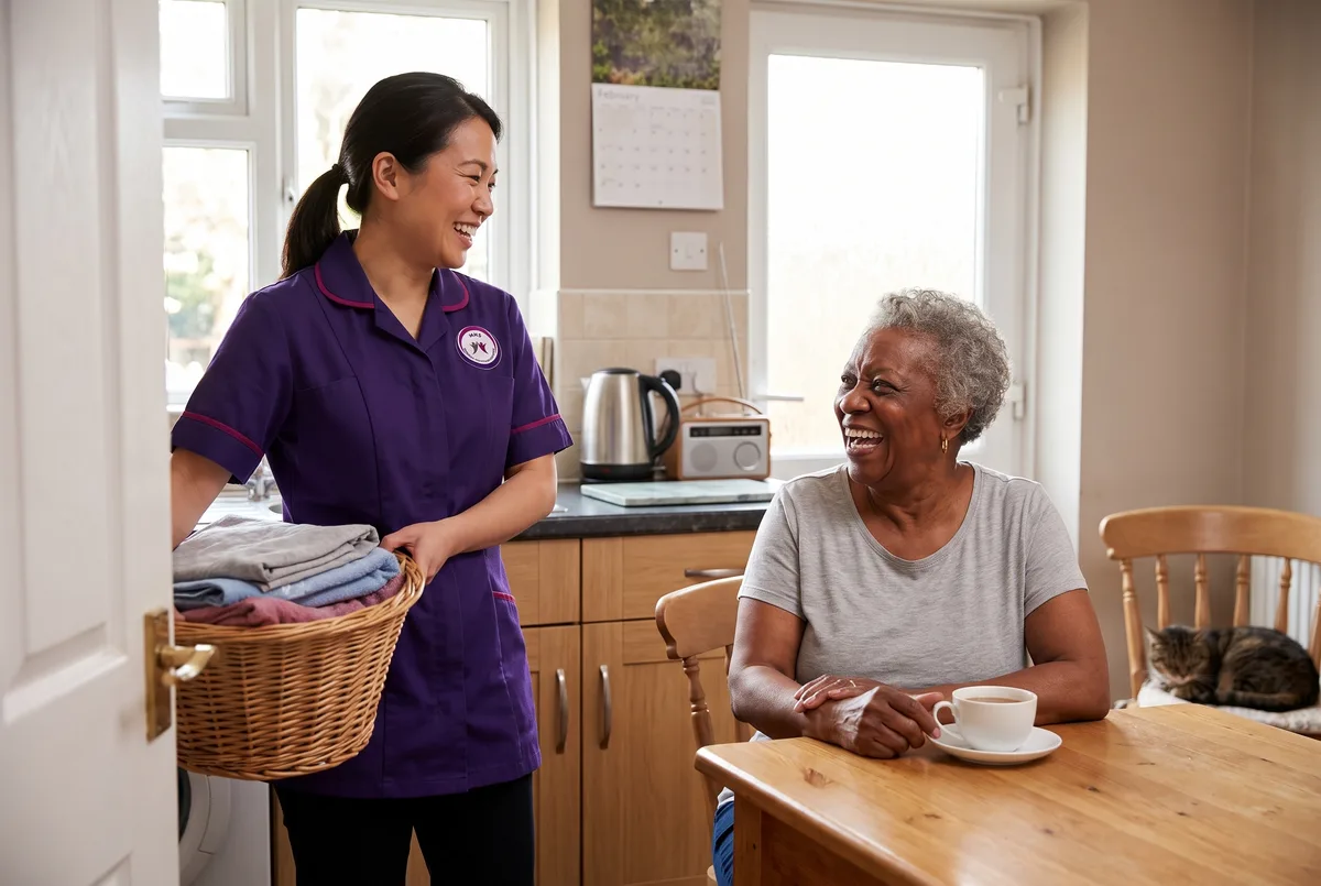 Murray Healthcare carer chatting with a client while helping with the laundry at home in Leicester