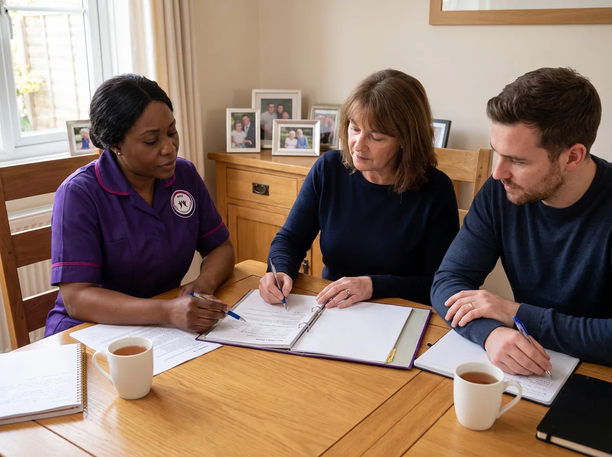 Murray Healthcare care manager reviewing a complex care plan with a family member and a health professional in Leicester