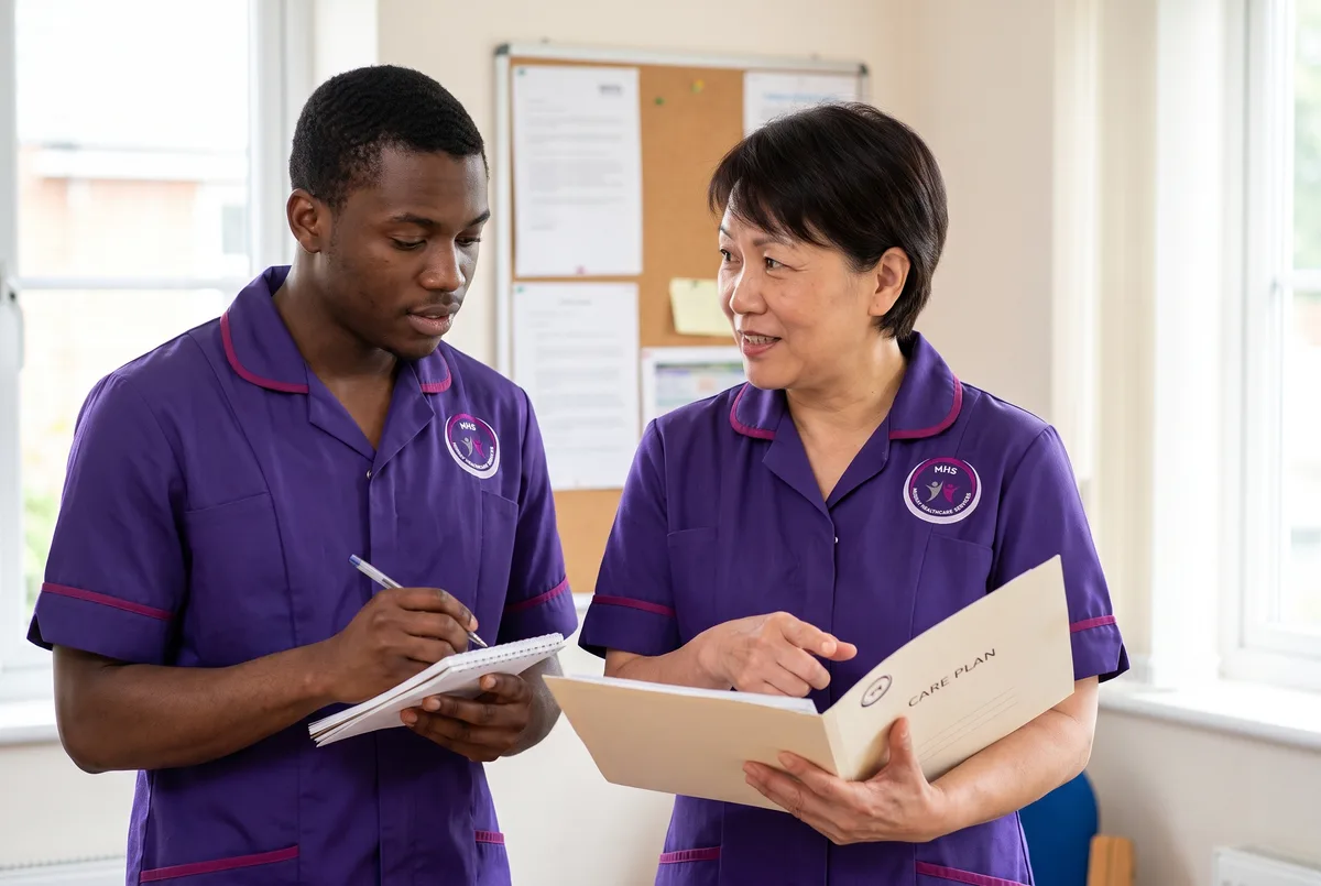 Murray Healthcare senior carer briefing a colleague on a complex care package in Leicester