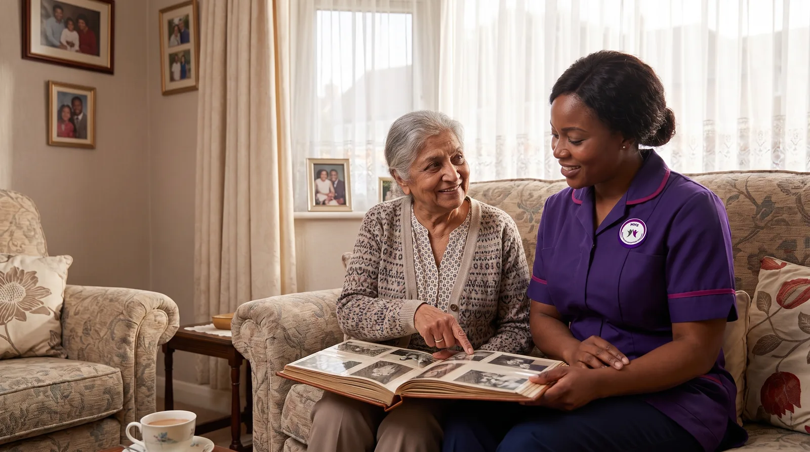 Murray Healthcare carer looking through a photo album with an older woman during a dementia care visit in Leicester
