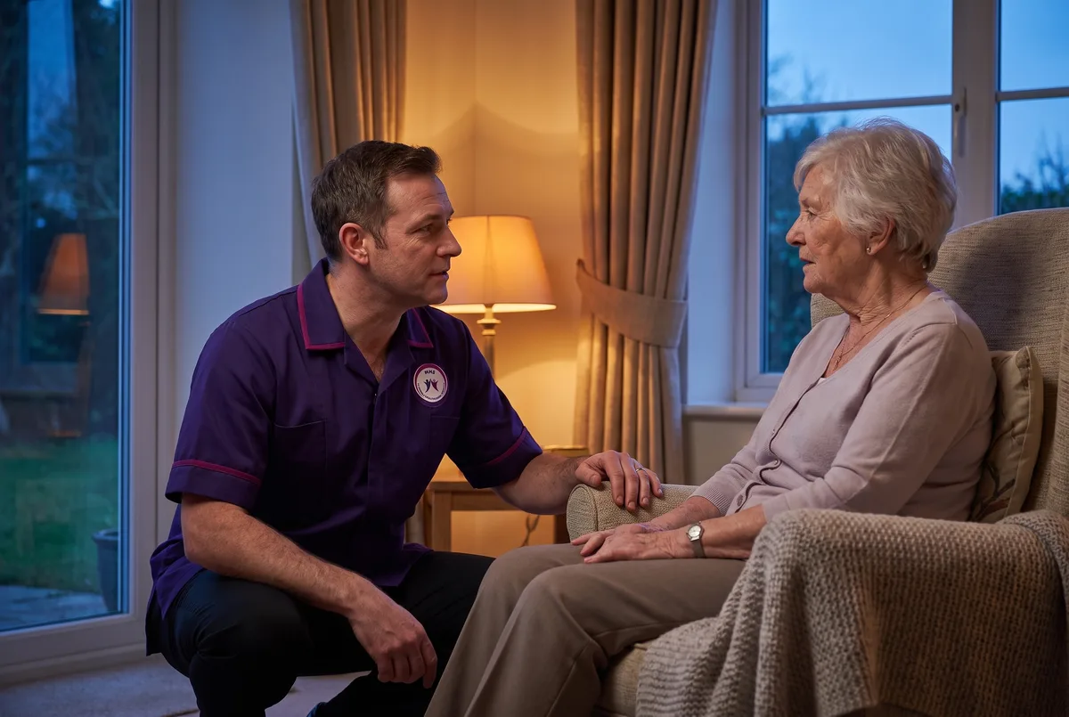 Murray Healthcare carer reassuring an older woman during the evening at home in Leicester