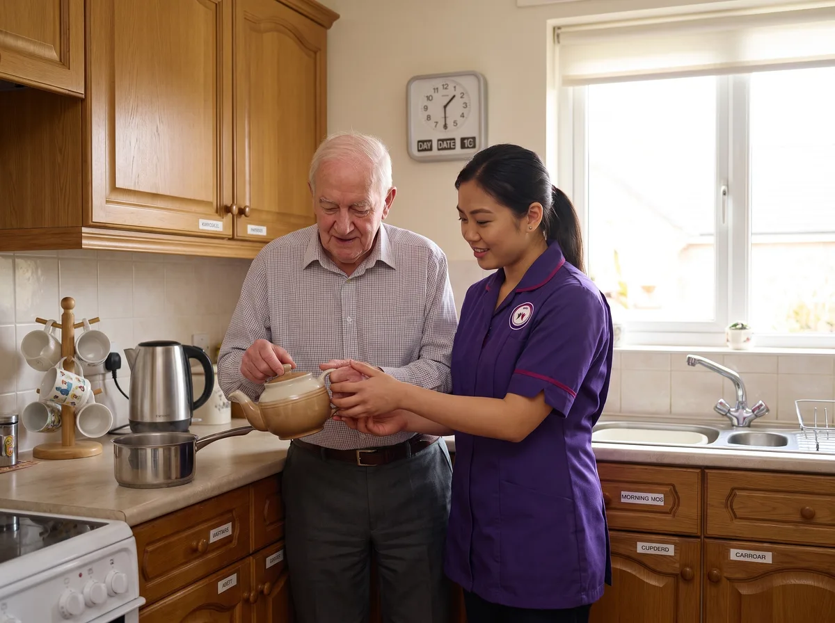 Murray Healthcare carer supporting a man living with dementia to make tea in his own kitchen in Leicester