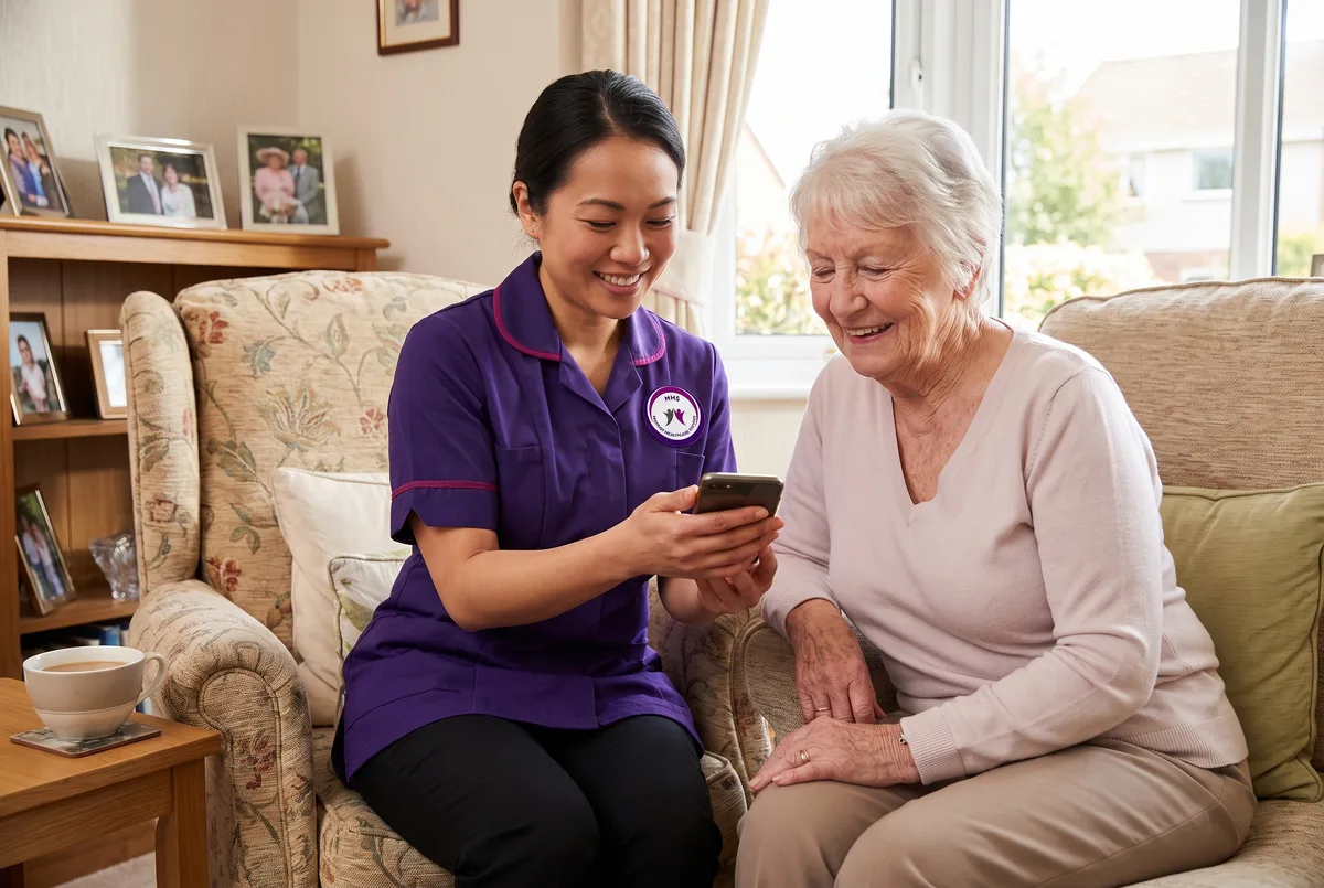 Murray Healthcare carer helping an older woman speak with her family by phone in Leicester