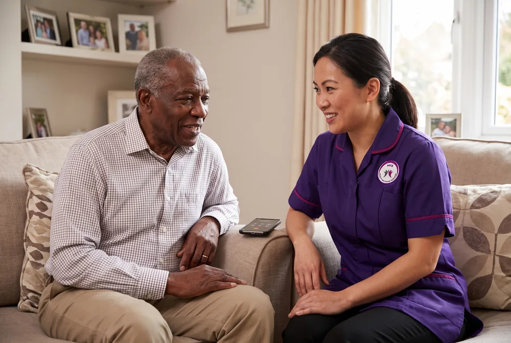 Murray Healthcare care manager including a family member by phone during a care assessment in Leicester