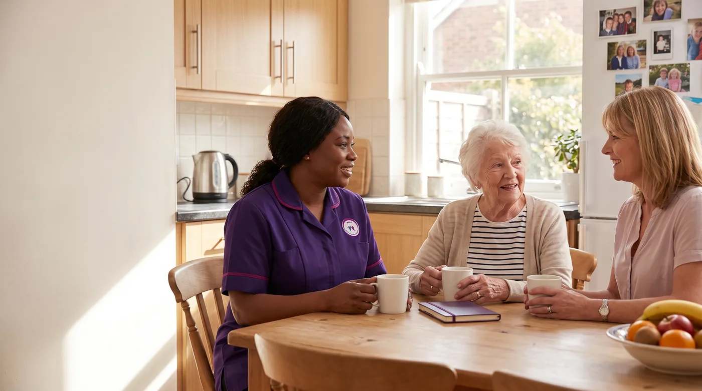 Murray Healthcare care manager talking with a client and her daughter during a free care assessment in Leicester