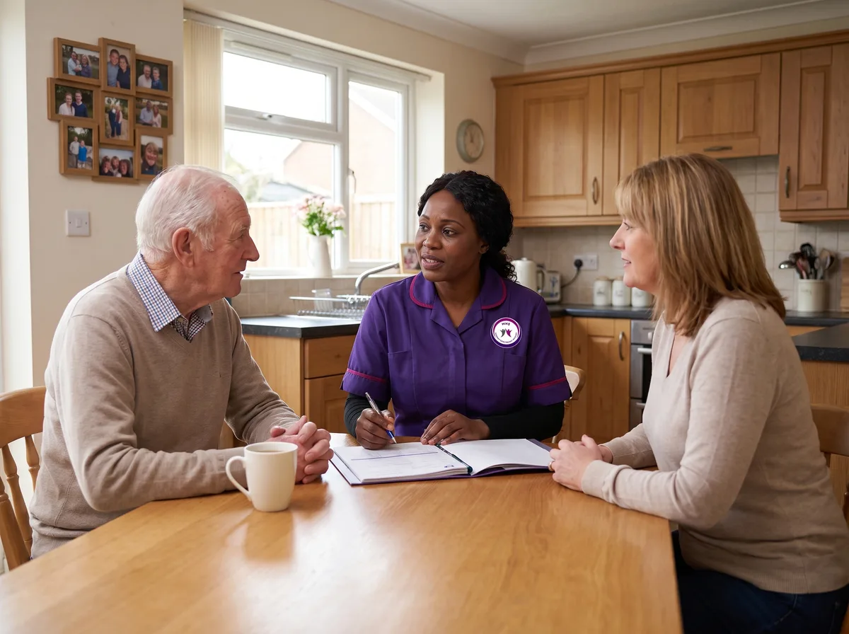 Murray Healthcare care manager discussing a free care assessment with a client and his daughter in Leicester