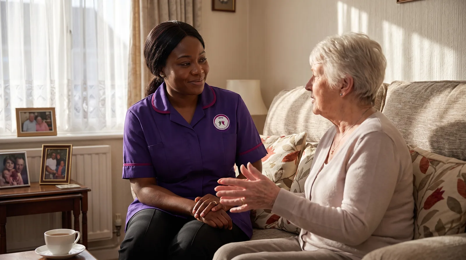 Murray Healthcare carer sitting with an older woman in her living room during a home care visit in Leicester