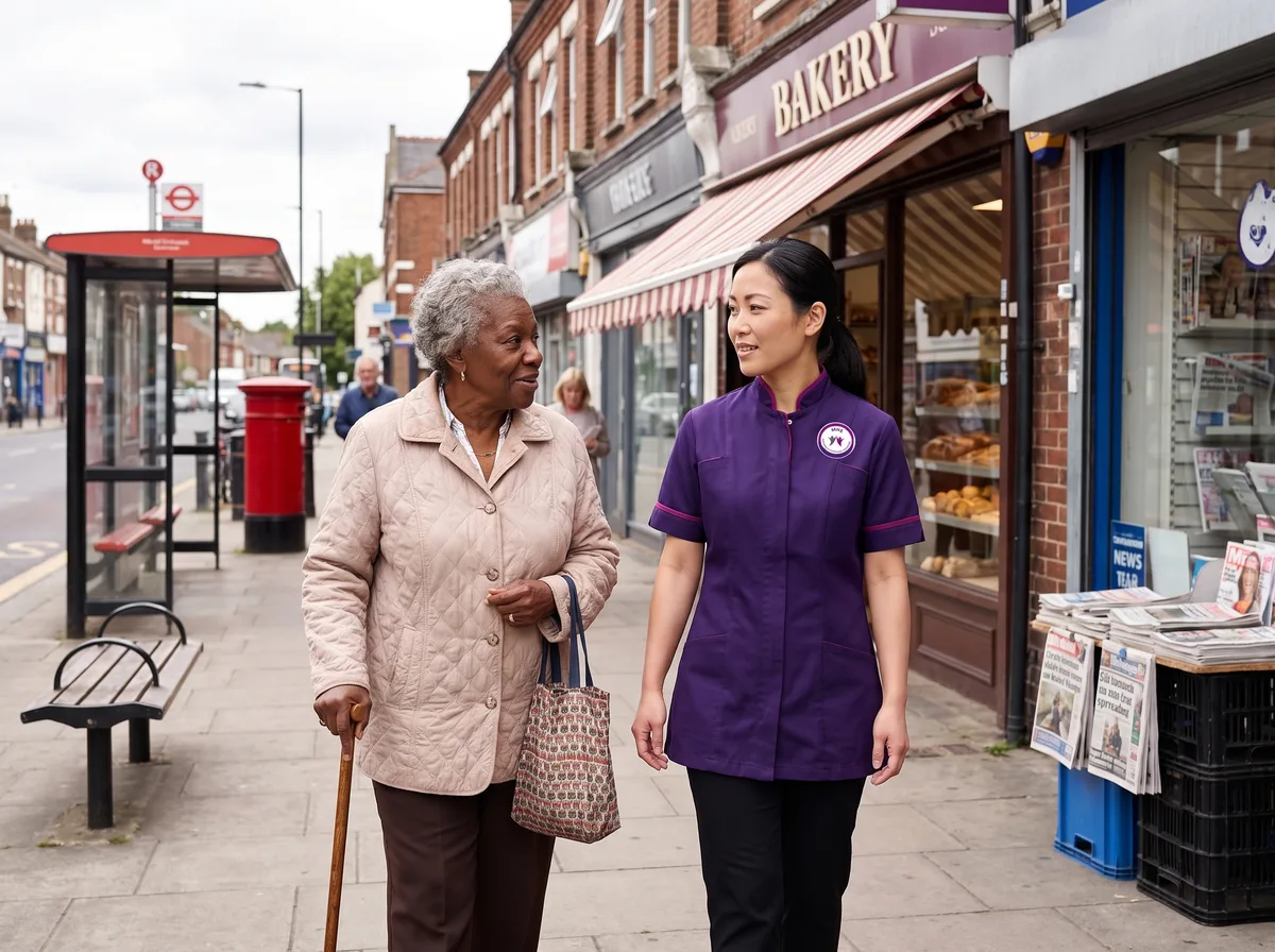 Murray Healthcare carer walking to the local shops with a client in Leicester