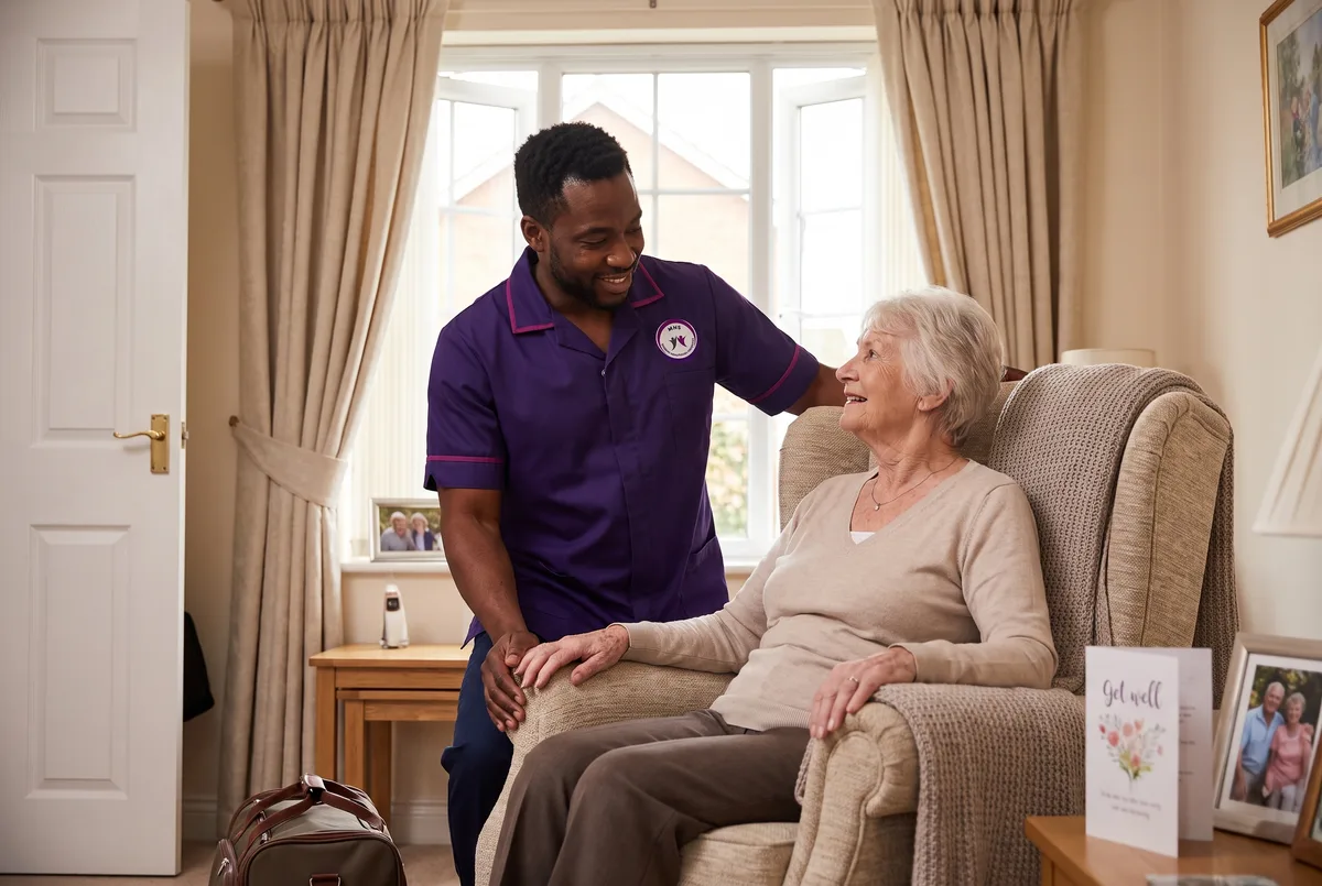 Murray Healthcare carer settling a client back at home in Leicester after a hospital stay