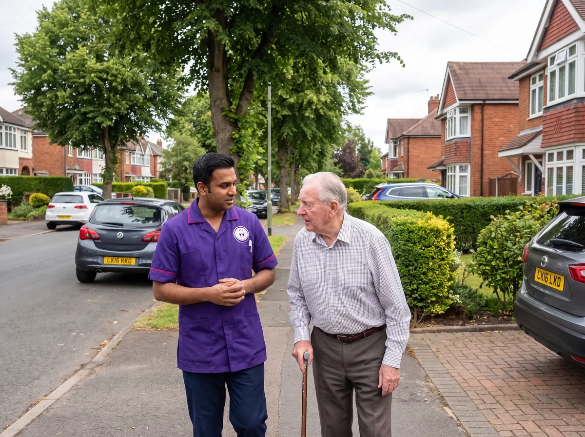 Murray Healthcare carer walking with a client on a residential street in Oadby