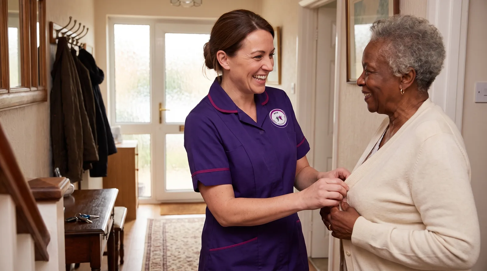 Murray Healthcare carer helping an older woman get ready at home during a care visit in Leicester
