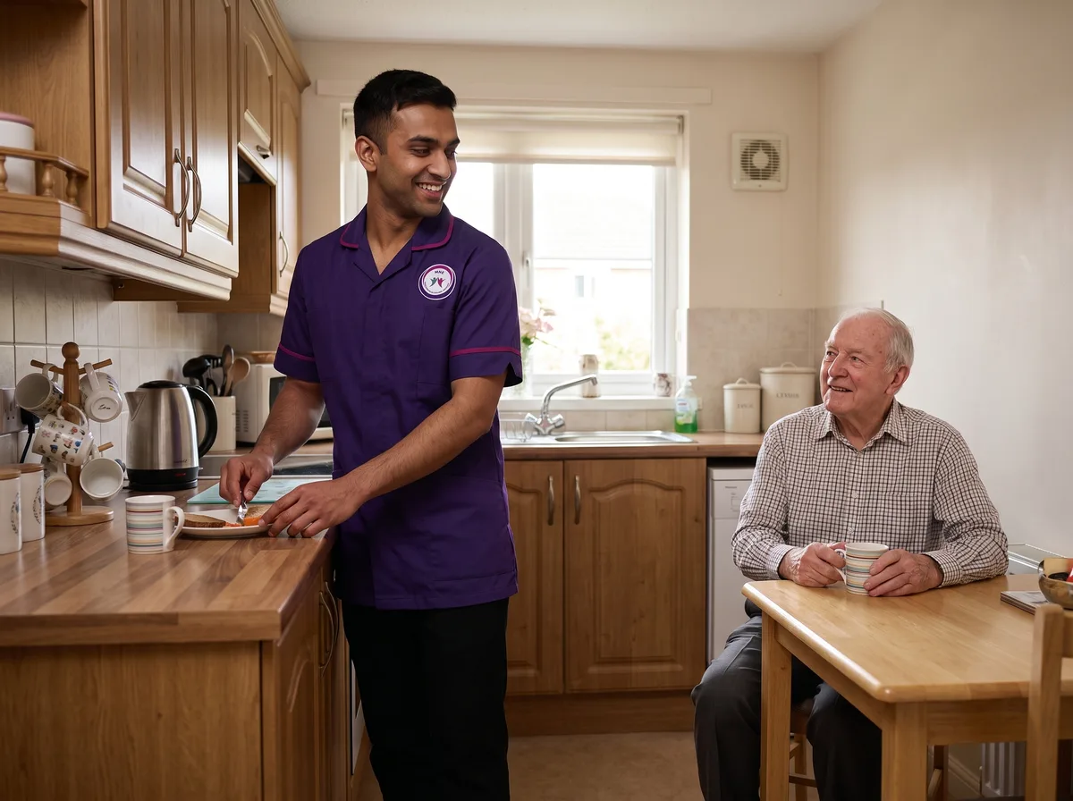 Murray Healthcare live in carer preparing a meal with an older man at home in Leicester
