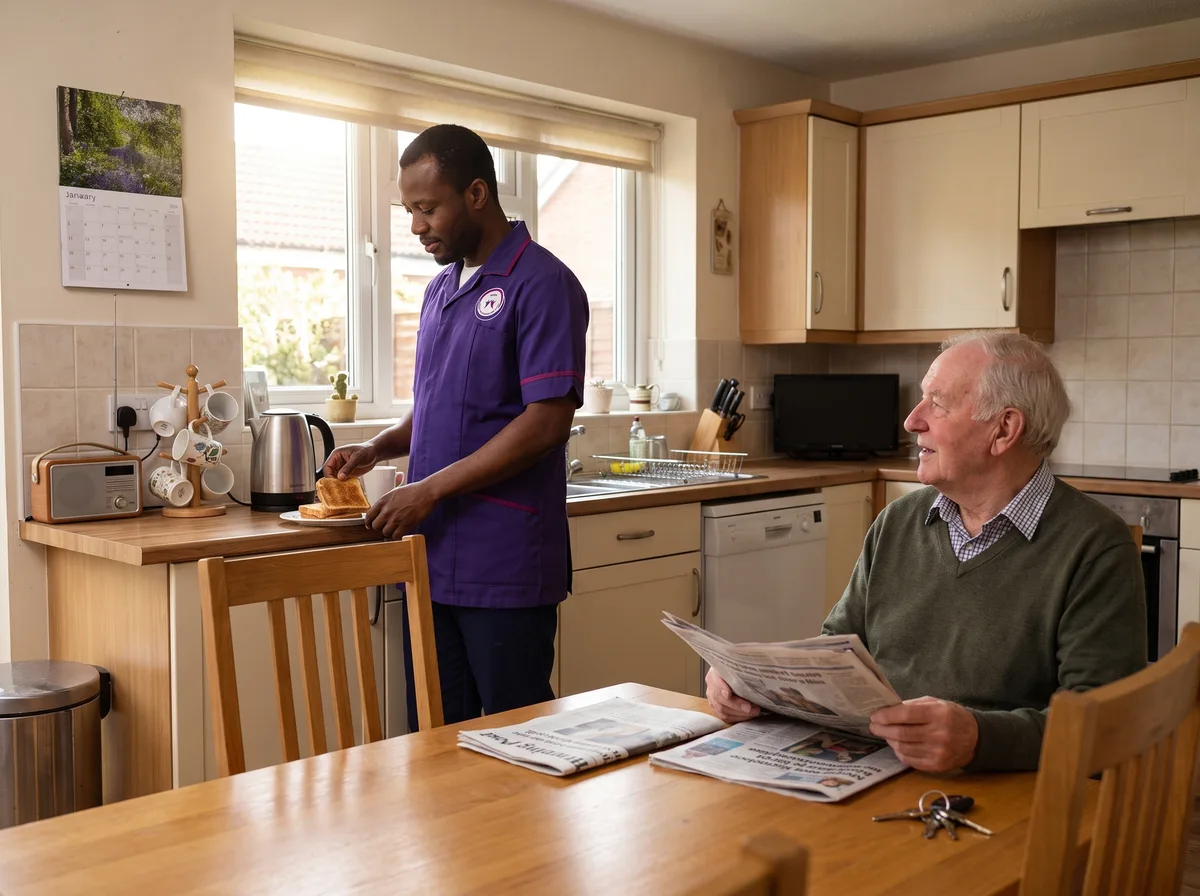 Murray Healthcare live in carer preparing breakfast with an older man in his own kitchen in Leicester