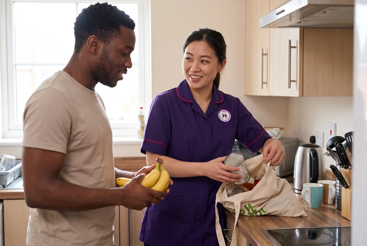 Murray Healthcare carer helping a client with shopping and household tasks at home in Leicester