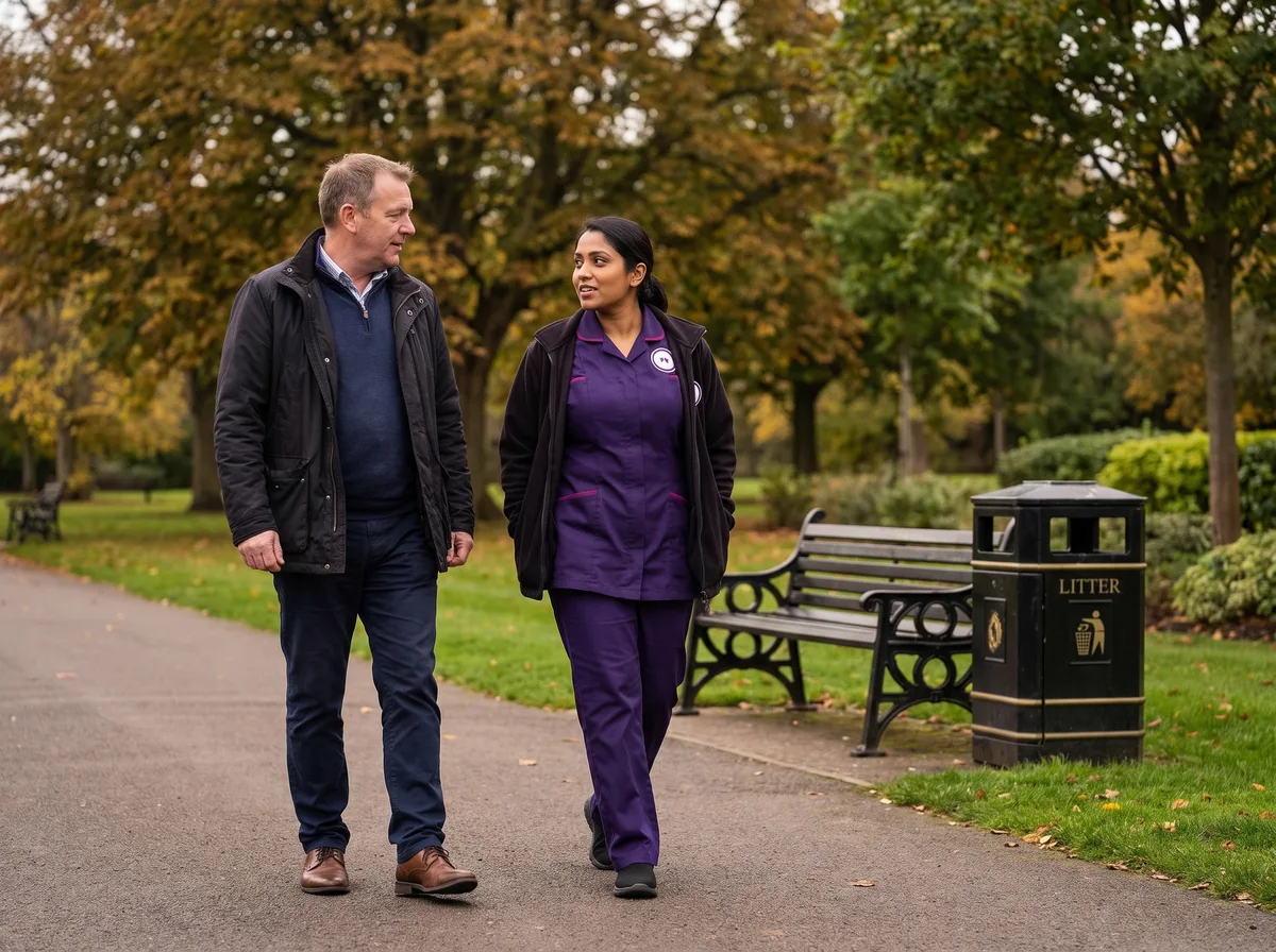 Murray Healthcare carer walking with a client in a Leicester park as part of mental health support