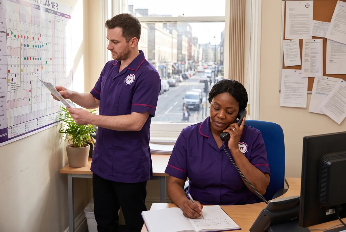 Murray Healthcare care team talking together in the Leicester office