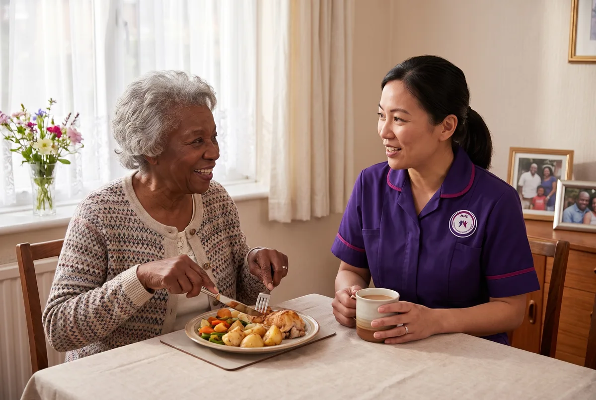 Murray Healthcare carer keeping an older woman company at mealtime in Leicester