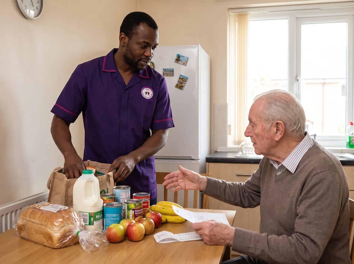Murray Healthcare carer unpacking the weekly shop with a client at home in Leicester
