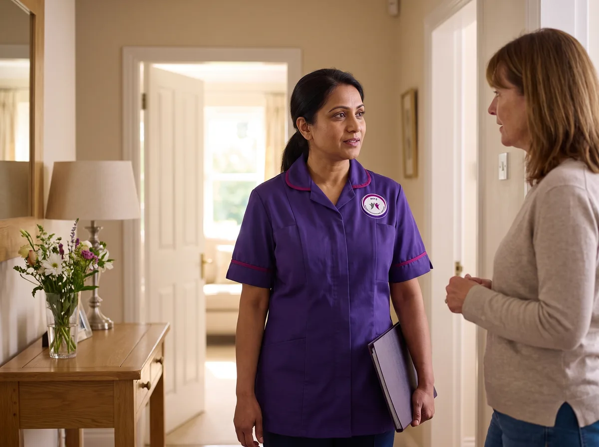 Murray Healthcare carer speaking with a family member during palliative care at home in Leicester