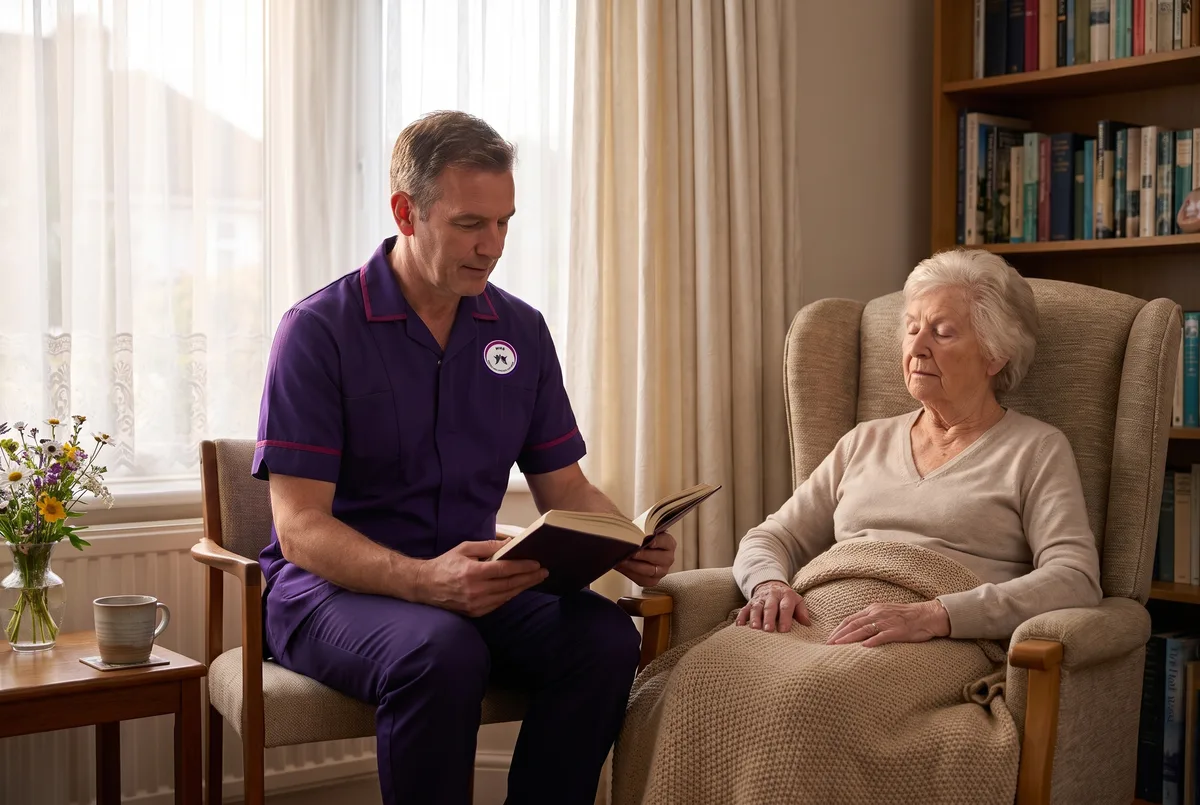Murray Healthcare carer reading quietly beside an older woman receiving end of life care at home in Leicester