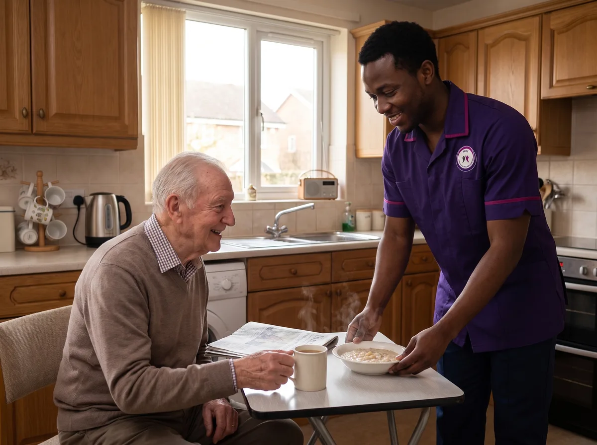 Murray Healthcare carer preparing breakfast for an older man during a morning personal care call in Leicester