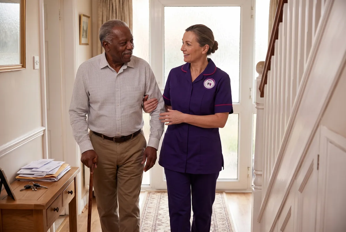 Murray Healthcare carer supporting an older man to walk safely at home in Leicester