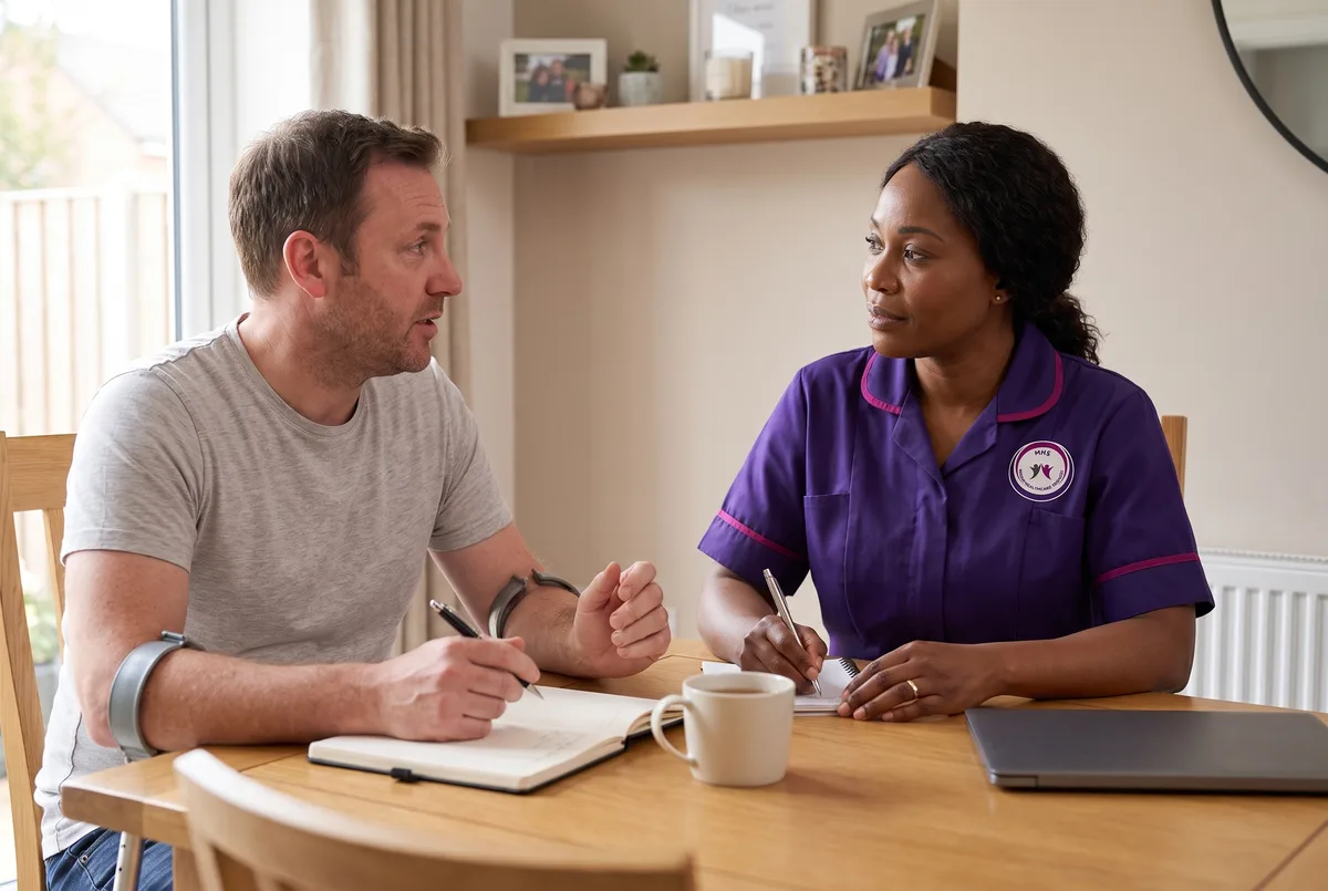 Client setting out his own support arrangements with a Murray Healthcare coordinator in Leicester