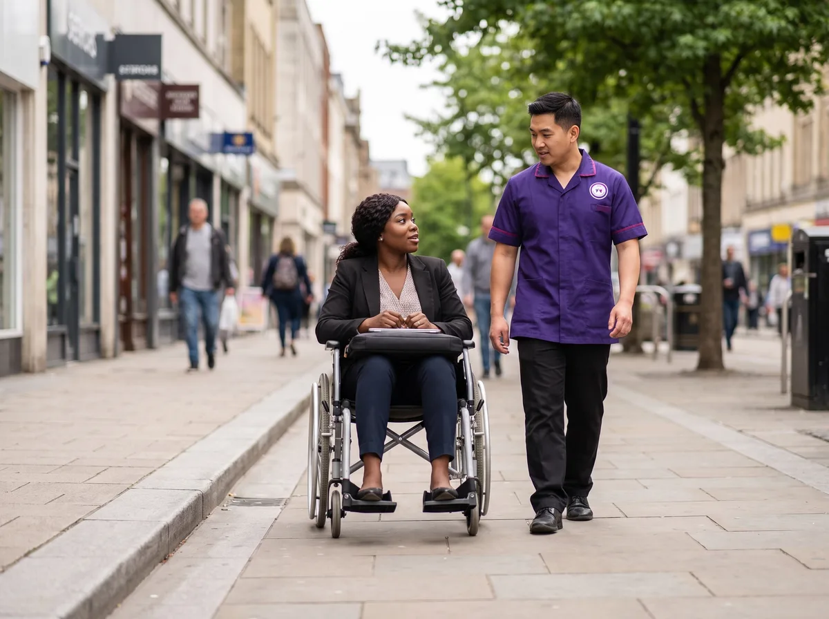 Murray Healthcare carer accompanying a client on her way to work in Leicester city centre