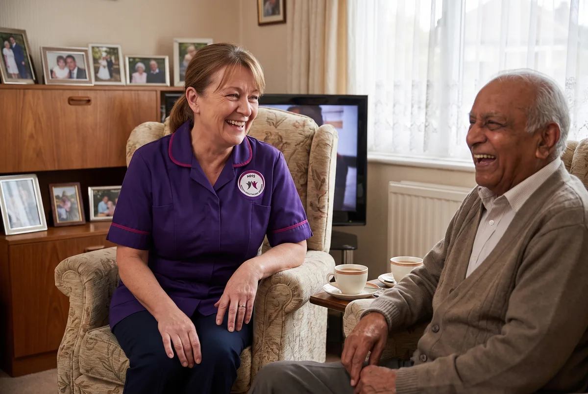 Murray Healthcare carer keeping an older man company during a respite care visit in Leicester