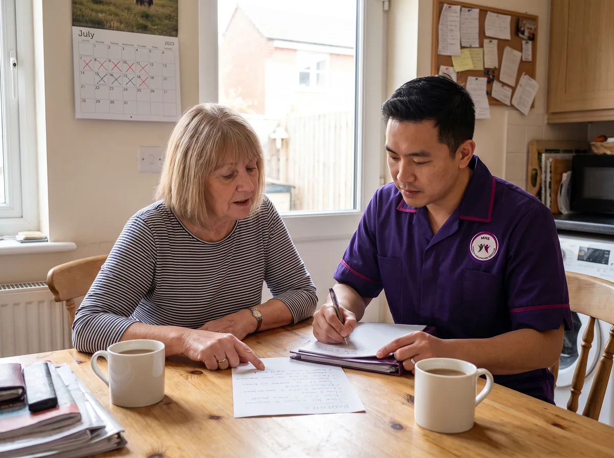 Murray Healthcare carer noting a client's daily routine with a family carer before respite care begins in Leicester