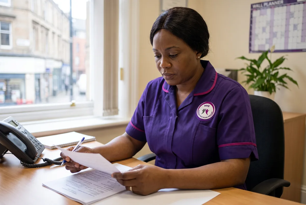 Care manager reading client feedback at the Murray Healthcare office in Leicester