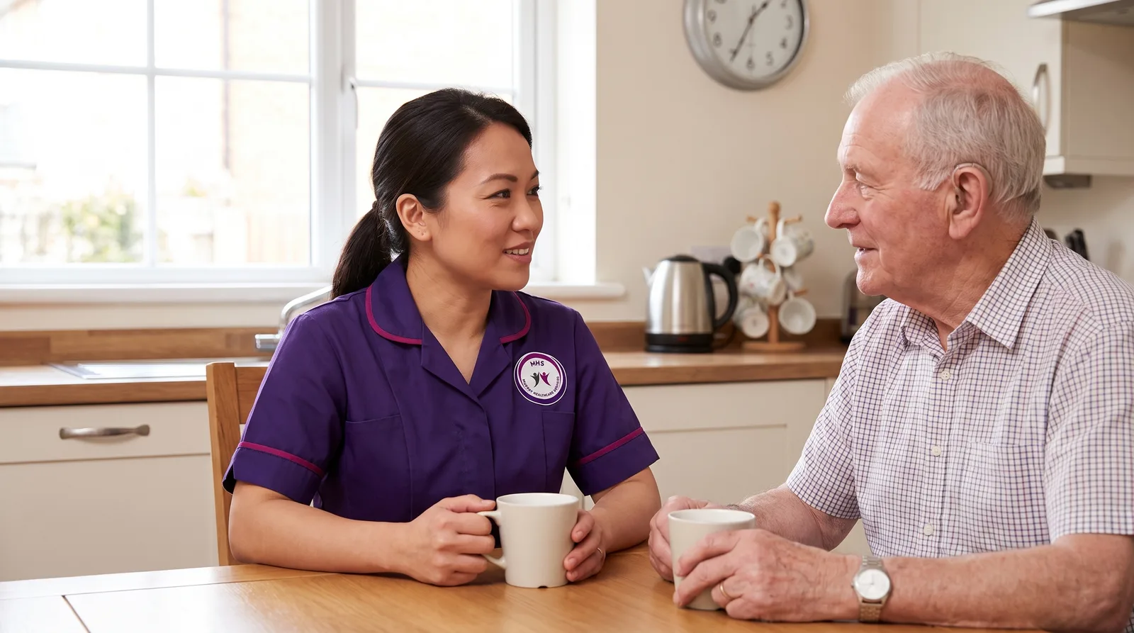 Murray Healthcare carer speaking face to face with an older man living with hearing loss at home in Leicester