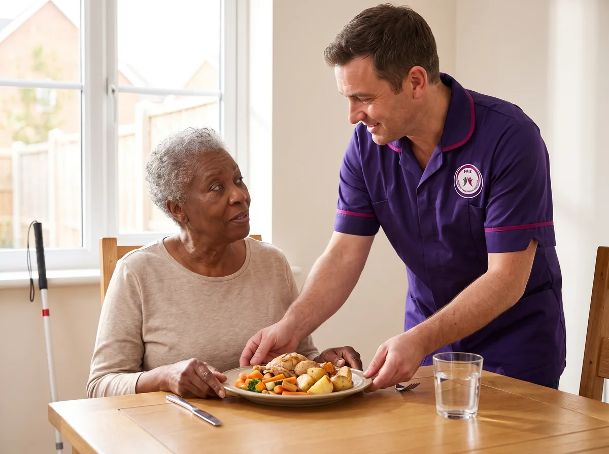 Murray Healthcare carer describing a meal to a woman living with sight loss at home in Leicester