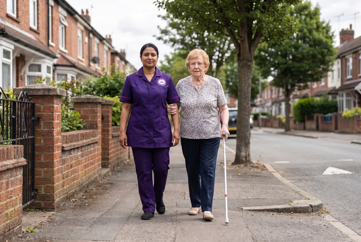 Murray Healthcare carer supporting a woman living with sight loss on a walk in Leicester